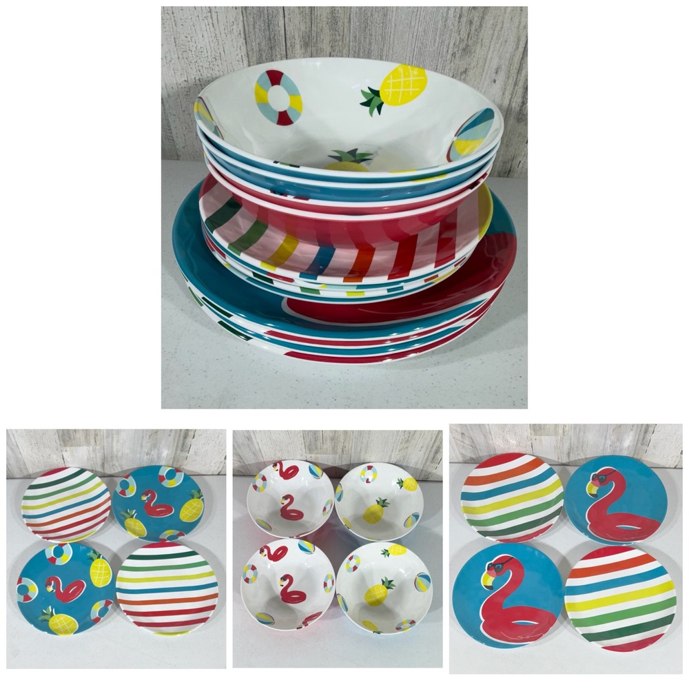 Zak Designs Melamine Dinnerware Set 12pc Flamingo Pineapple Stripe Spring Summer